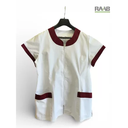 42-es méretű Dóra fehér köpeny cippzáras, bordó szegéllyel 