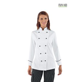   Fehér alapon fekete szegélyes, hosszú ujjú, női szakácskabát 