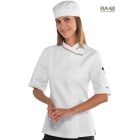 Piros/fehér/zöld szegélyes, női Snaps séfkabát - rövid ujjú