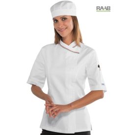   Piros/fehér/zöld szegélyes, női Snaps séfkabát - rövid ujjú