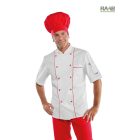 Piros szegélyes pamut szakácskabát - rövid ujjú