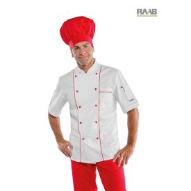 Piros szegélyes pamut szakácskabát - rövid ujjú